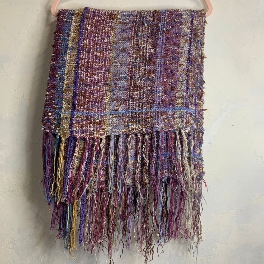Bohemian Purple Knit Scarf Wrap Shawl Multicolored Fringe Hem